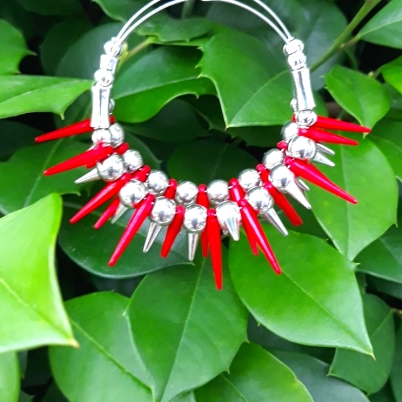Spiked Statement Earrings/ Silver/ Red/ Hoop Earrings/ Stylish/ Handcrafted - Picture 3 of 9